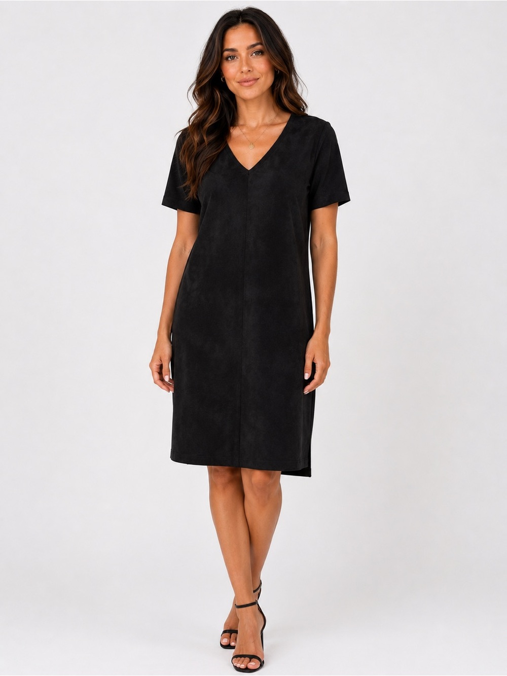 SPANX Faux Suede Black Shift Dress V Neck Short Sleeve Womens Large Stretchy